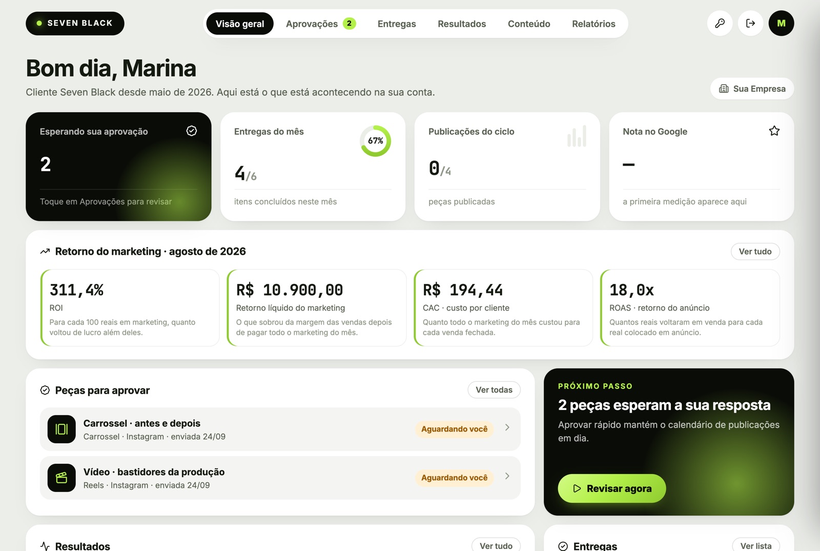 Portal do cliente no BLACKOS com aprovações, entregas e retorno do marketing
