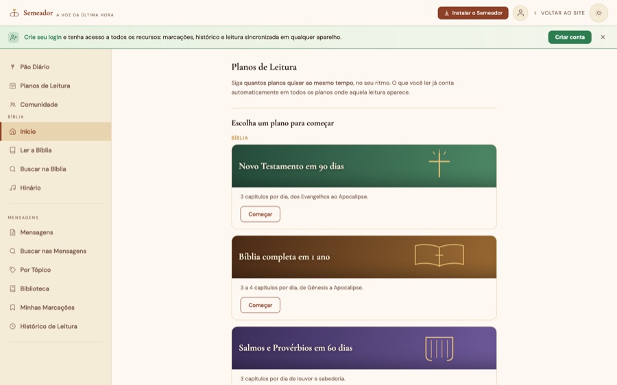 Tela do site Semeador, plataforma de estudo