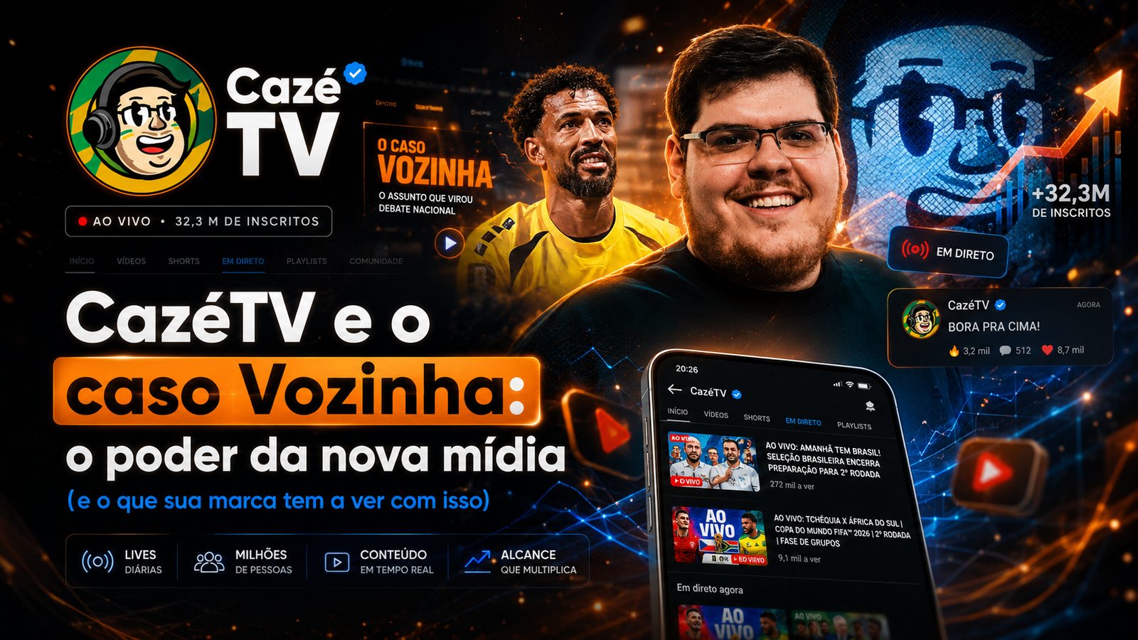 Conceito visual da nova mídia: smartphone, transmissão ao vivo e crescimento nas redes