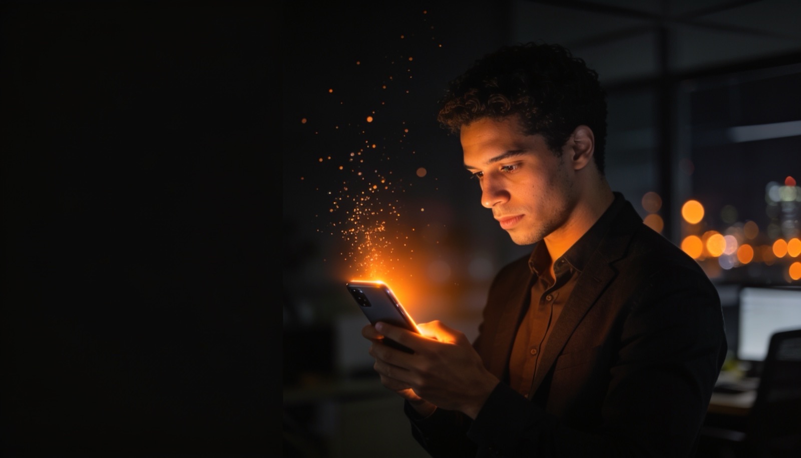 Empresário à noite vê no celular uma recomendação de empresas feita por inteligência artificial